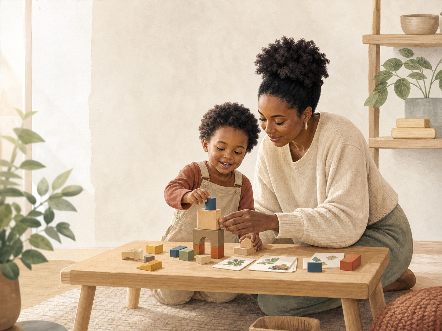 A parent and young child building with wooden blocks together